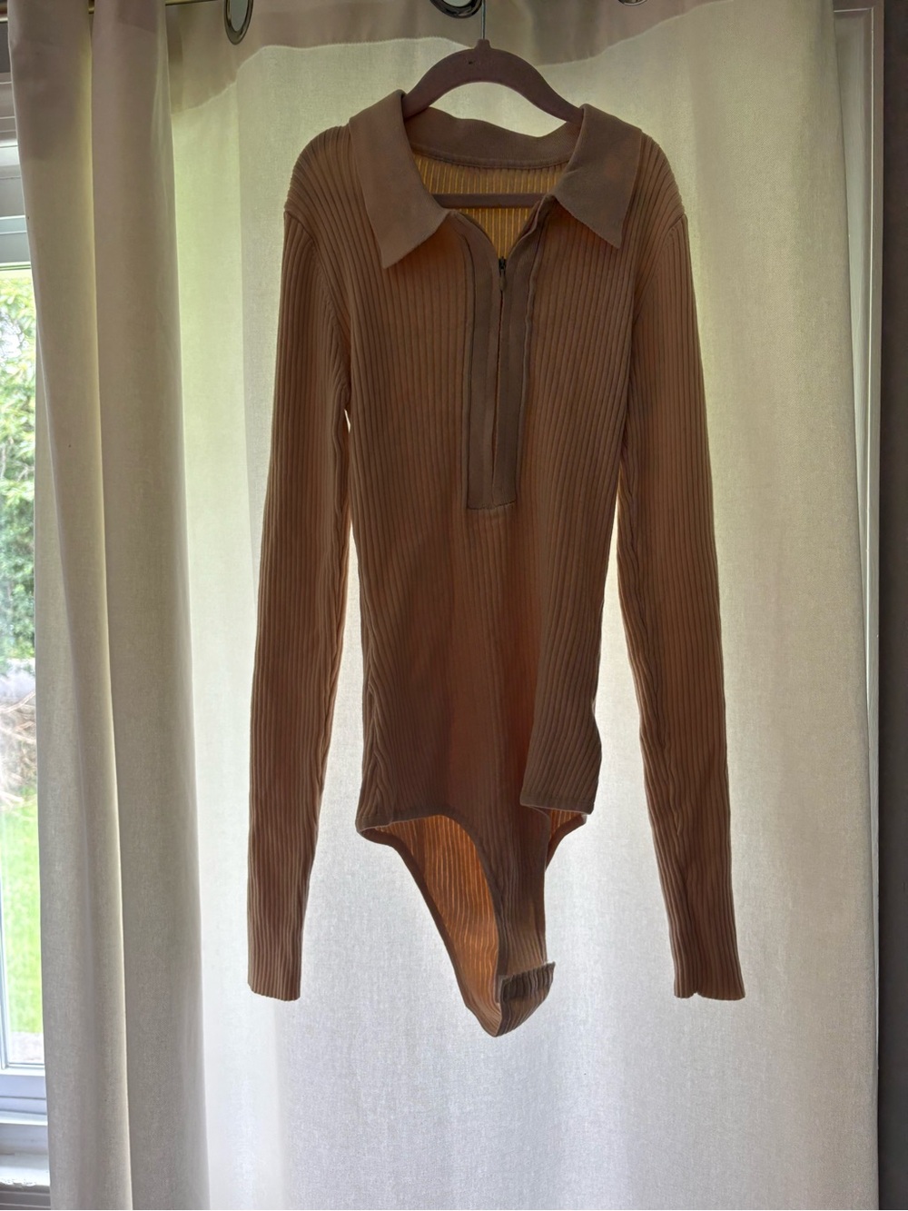 Ribbed Long-Sleeve One-Piece Bodysuit in Tan
